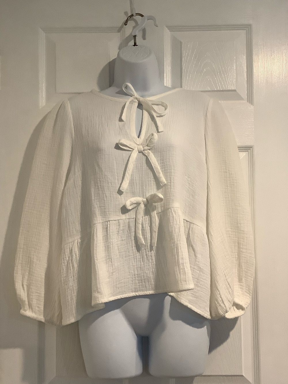 PINK LILY 100% Cotton Oversized White Bow Front Loose Fit Gauzy  Top S